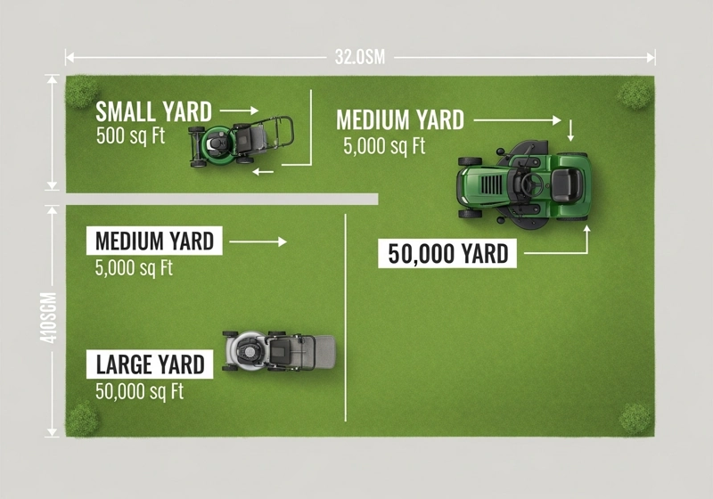 Yard size comparison chart showing recommended electric mower sizes for small, medium and large lawns