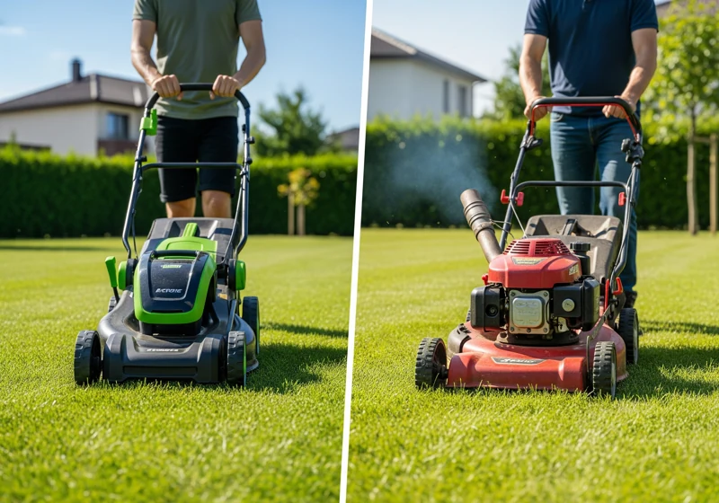 Side by side comparison of electric battery mower and gas powered lawn mower