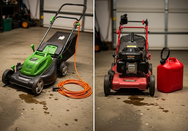 Electric push mower vs gas push mower showing power type differences and features