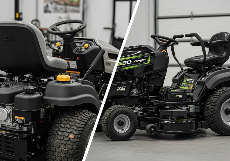 A comparison photo of an electric riding mower and a gas-powered one, highlighting differences in appearance and technology.