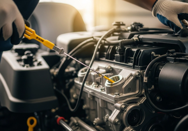 A close-up photo of a person checking the oil level on a lawn mower engine, emphasizing the importance of routine maintenance.