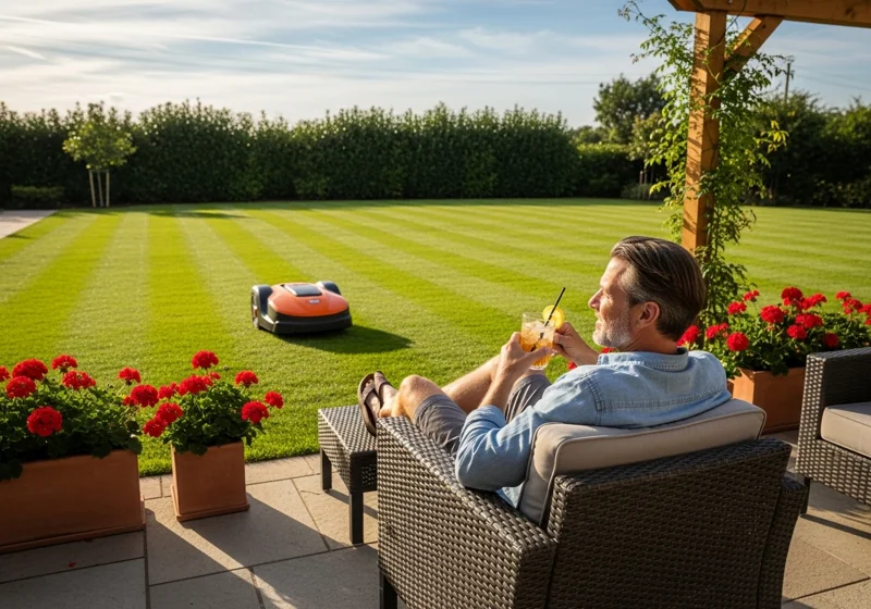 Homeowner relaxing while robotic lawn mower maintains lawn after successful DIY installation