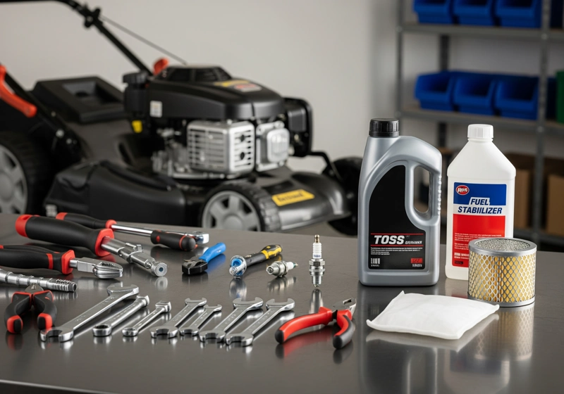 Gas lawn mower maintenance supplies including oil, spark plug, air filter and tools arranged on workbench