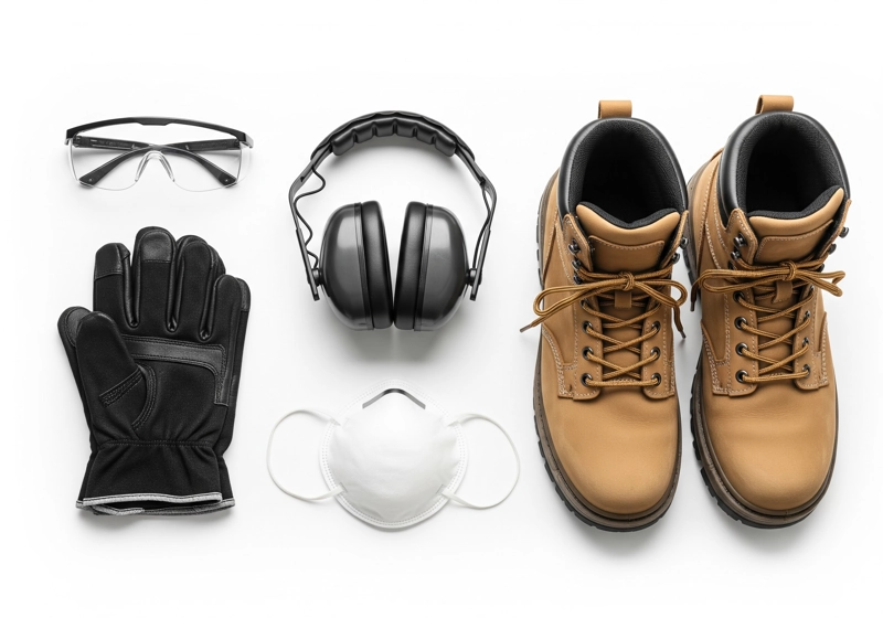 Complete set of gas lawn mower safety equipment including eye protection, gloves, and hearing protection