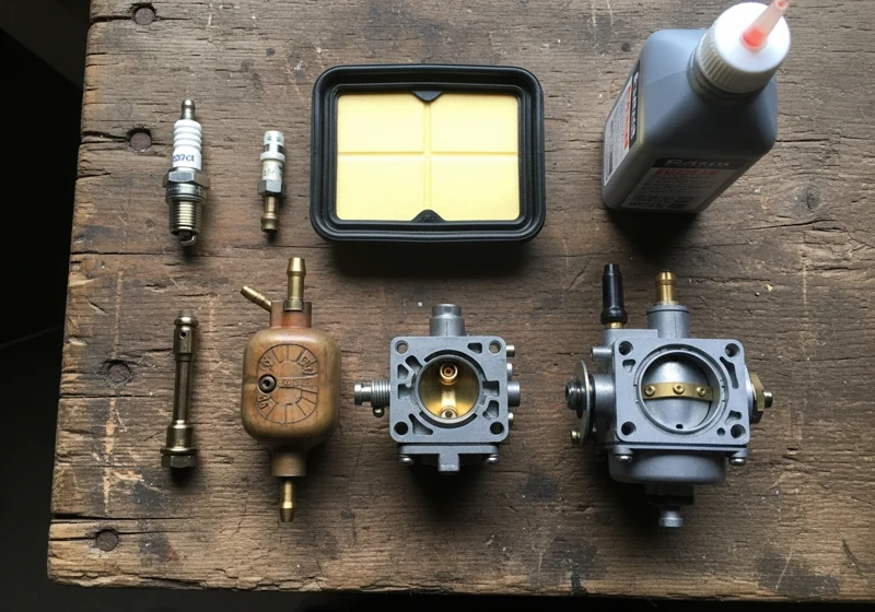 Lawn mower engine parts diagram showing cylinder, piston, crankshaft, valves, and carburetor