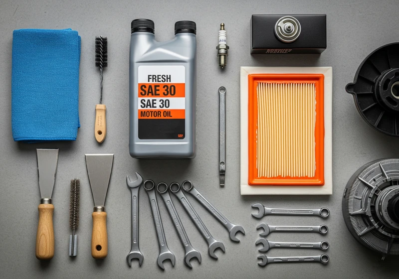 Collection of essential lawn mower maintenance tools including oil, air filter, spark plug, and cleaning supplies arranged on workshop bench