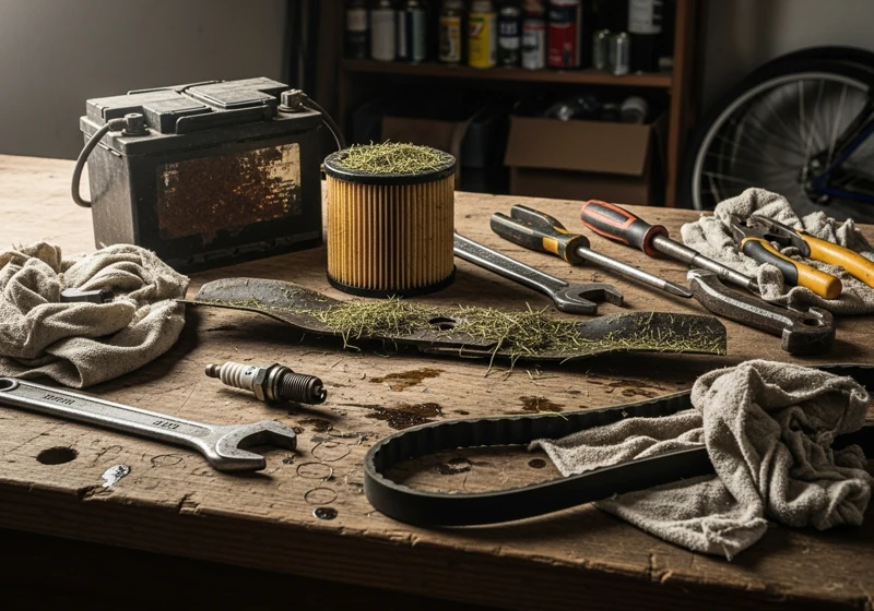 Essential lawn mower parts including blades, battery, air filter, and spark plug arranged on workbench