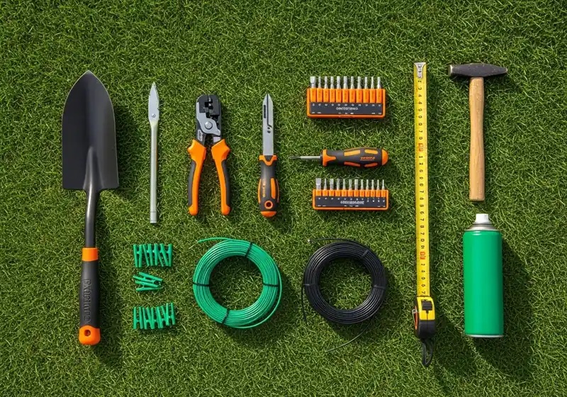 Complete set of tools needed for DIY robotic lawn mower installation including wire strippers, spade, and boundary wire