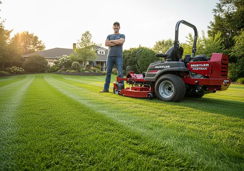 A photo of a man smiling proudly next to the Hustler Fastrak mower he just used to cut the lawn, reflecting his satisfaction with the final result.