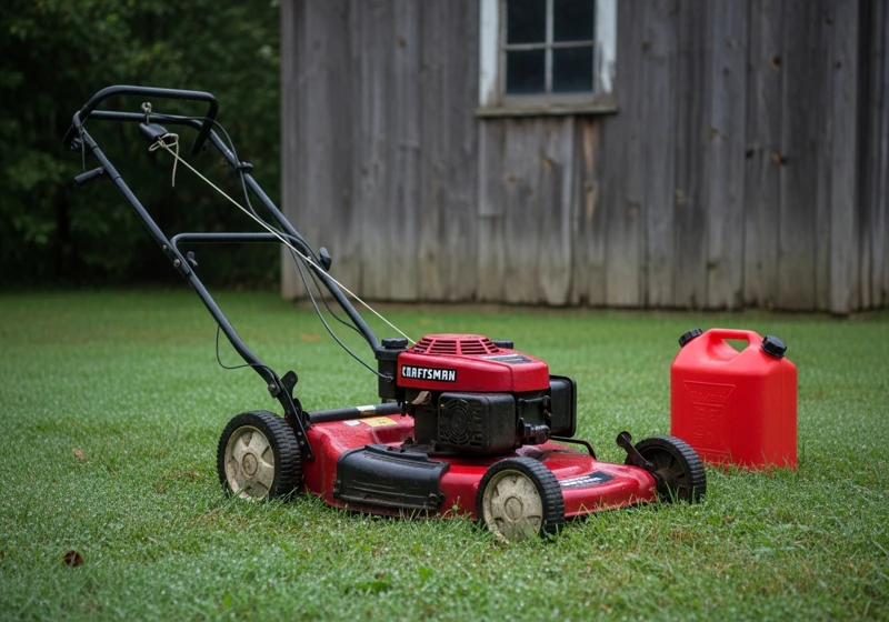 Non-starting Craftsman lawn mower on overgrown grass with pull cord and gas can visible