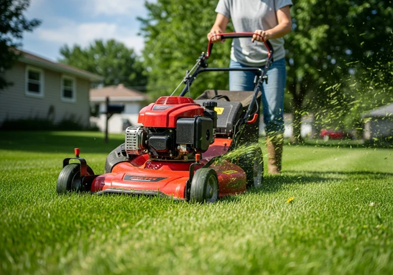 Person operating a gas push mower cutting grass on suburban lawn showing mulching action