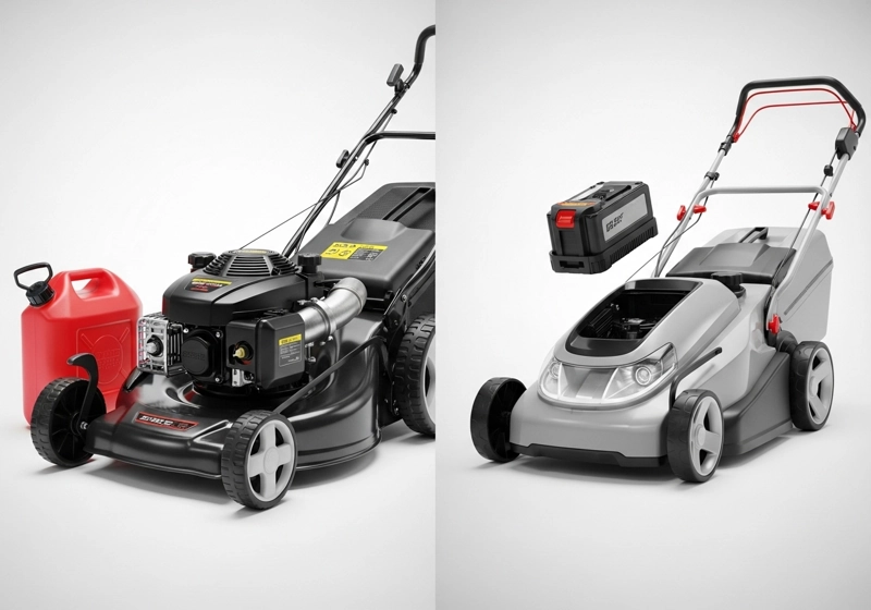 Gas powered versus battery powered lawn mower comparison showing key differences