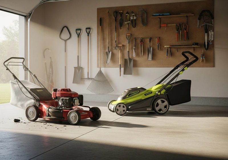 Comparison between traditional gas mower and modern cordless battery lawn mower