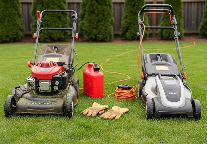 Comparison between gas powered and electric self propelled lawn mowers showing design differences