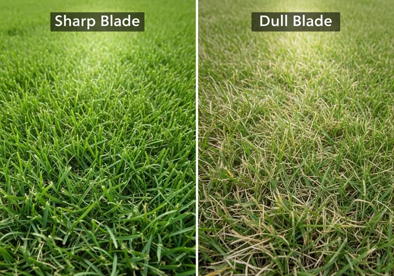 Lawn showing difference between clean cuts from sharp blade and damaged grass from dull blade