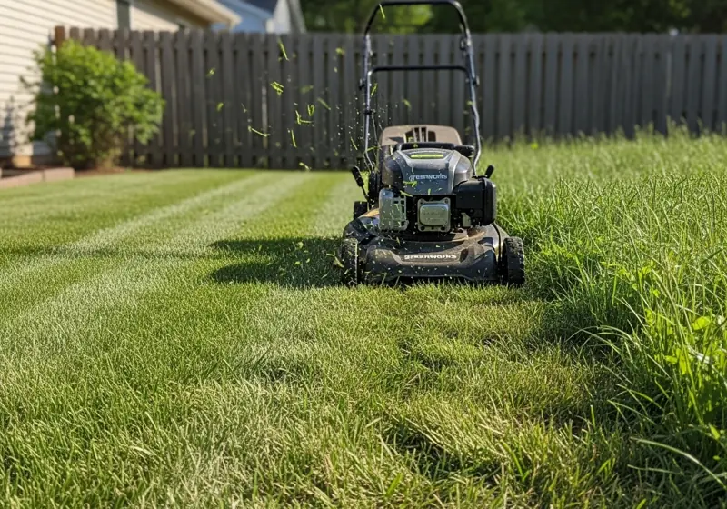 Greenworks Pro battery lawn mower cutting through thick grass with brushless motor