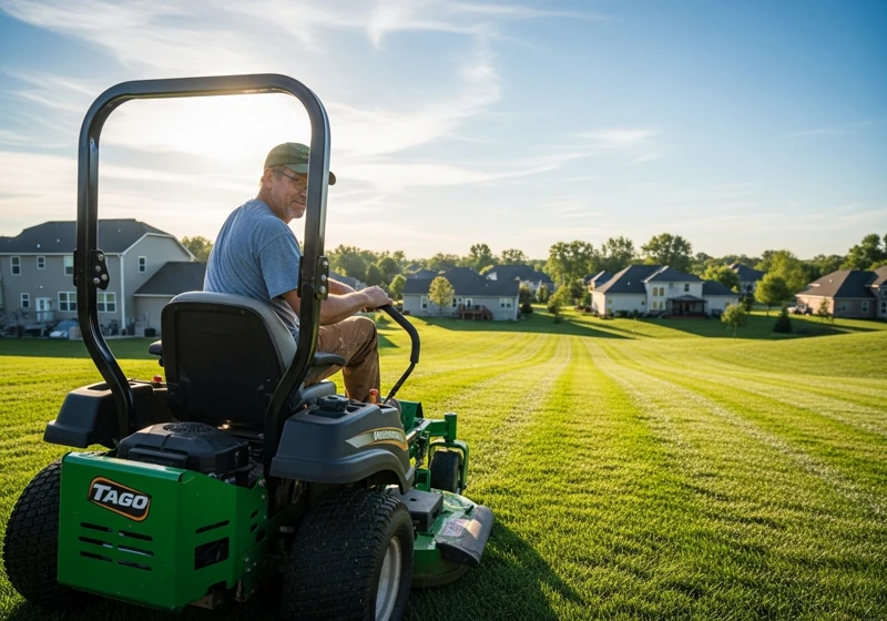 man operating riding lawn mower on sloped residential property showing mowing stripes