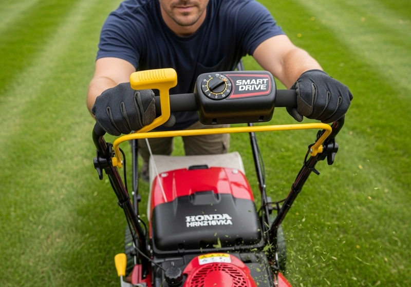 Honda HRN216VKA self-propelled lawn mower showing Smart Drive variable speed control system