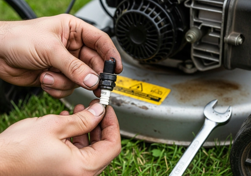 Dirty hands holding fouled spark plug removed from lawn mower engine during troubleshooting