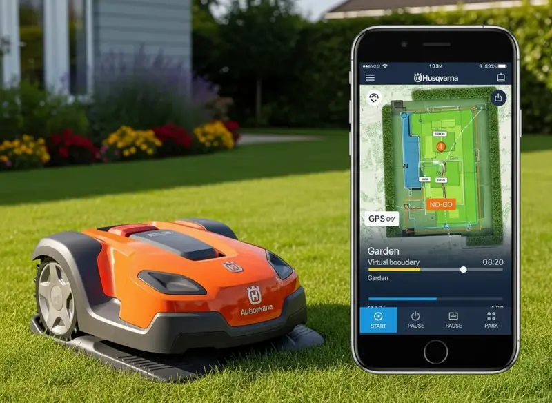Husqvarna robotic lawn mower on charging station with smartphone app showing GPS navigation features