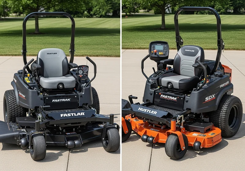 A photo comparing the standard Hustler Fastrak mower with the upgraded SDX model, highlighting the extra features like the seat and suspension system.