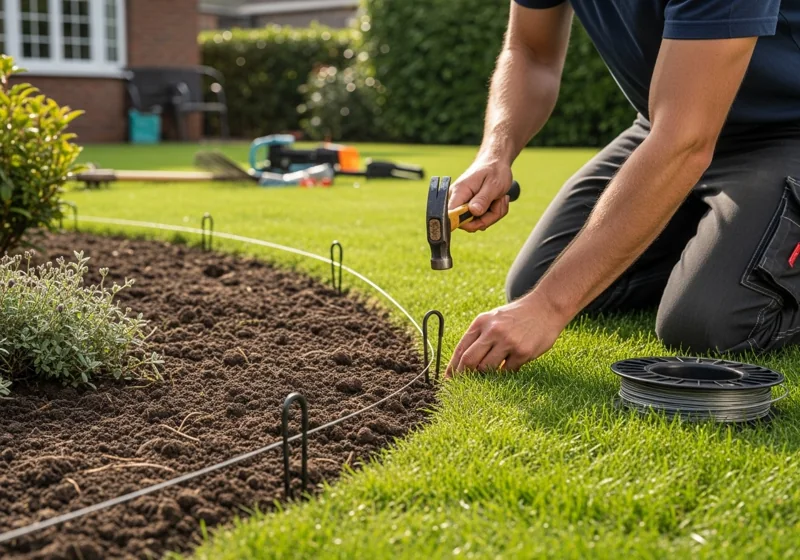 DIY installation of robotic lawn mower boundary wire using clips to secure wire along lawn perimeter