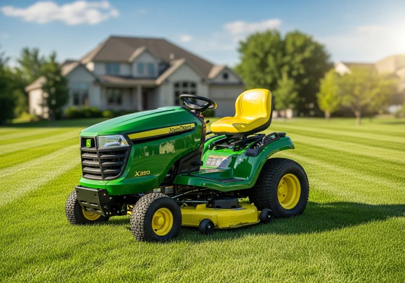A professional photo of a John Deere X350 riding lawn mower in a home garden, showcasing the brand's quality.