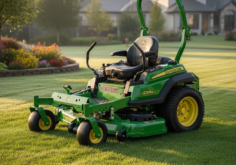 A product photo of the John Deere Z335E zero-turn mower, a premium model known for its quality.
