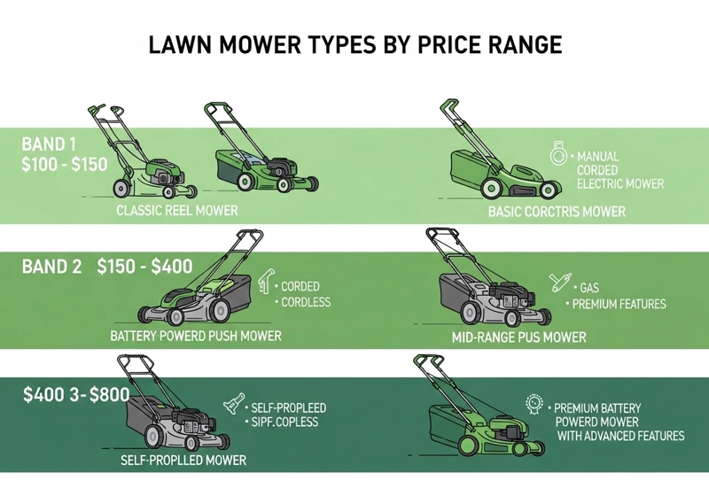 Budget breakdown showing best lawn mower types for different price ranges from $100 to $800