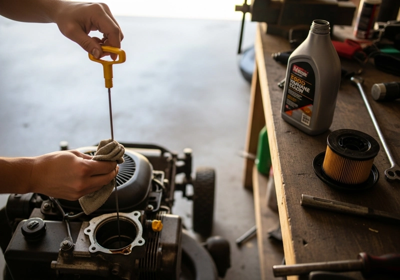Hands performing lawn mower engine maintenance - checking oil and replacing air filter