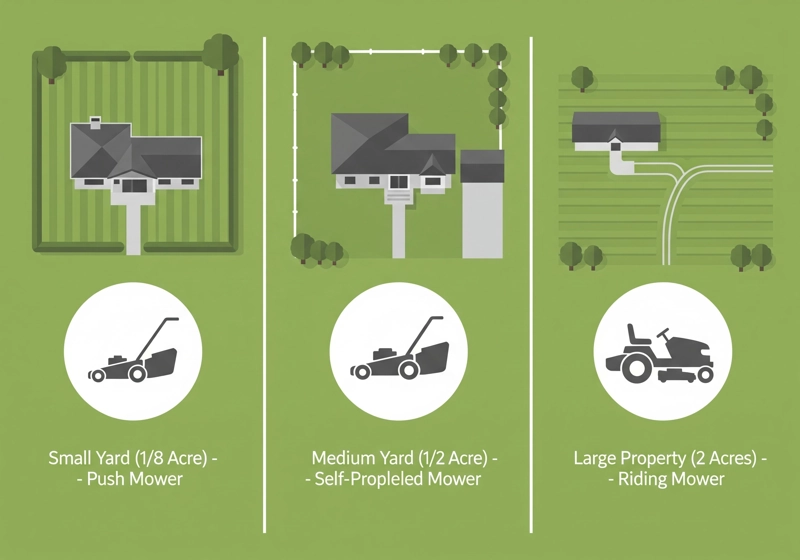 Visual guide showing appropriate gas lawn mower types for different yard sizes from small to large properties