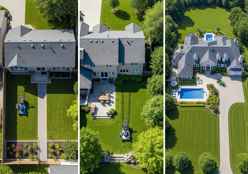 Aerial view showing different yard sizes with appropriate mower types for each property size