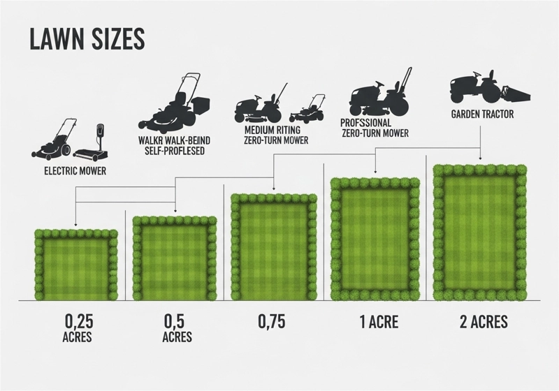 Infographic comparing different lawn sizes with recommended mower types from walk-behind to zero-turn models