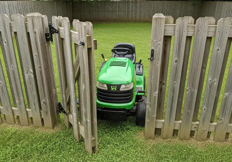narrow gate opening being measured for compact riding lawn mower access