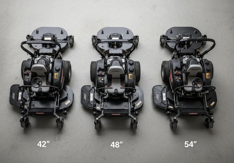 A photo comparing Hustler Fastrak mowers with 42, 48, and 54-inch cutting decks to show the difference in width.