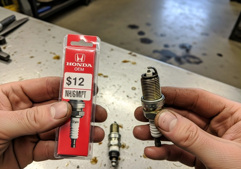 Side by side comparison of OEM and aftermarket lawn mower spark plugs showing price difference