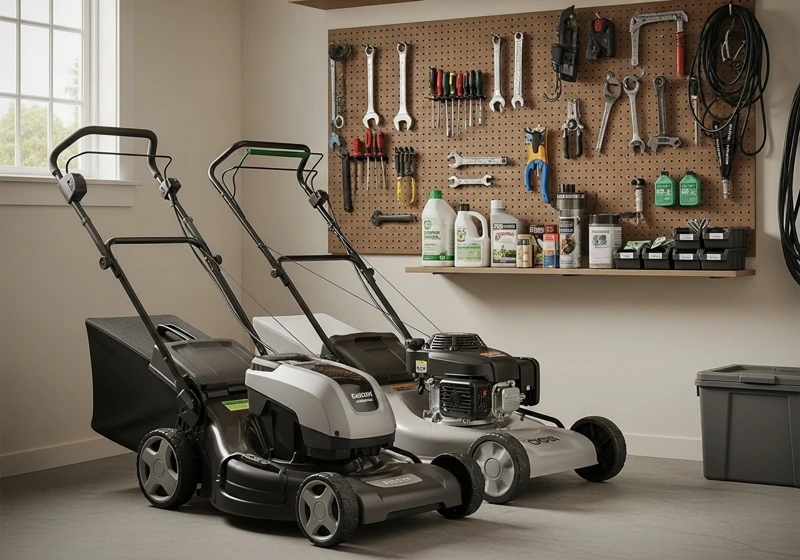 Clean, organized storage area showing properly maintained eco-friendly lawn mowers and maintenance equipment