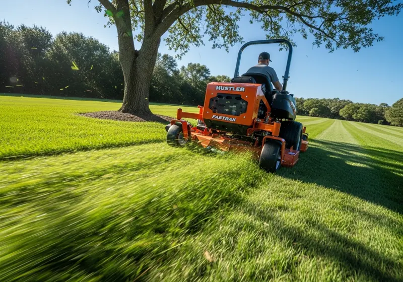 A photo of the Hustler Fastrak mower turning around a tree, demonstrating its maneuverability and precision.