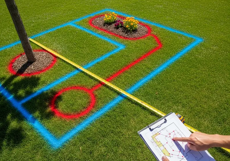 Homeowner planning robotic lawn mower boundary wire installation layout with spray paint markings on lawn