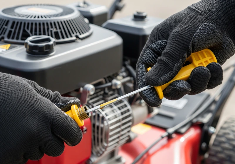 Checking oil level on gas lawn mower during pre-operation safety inspection