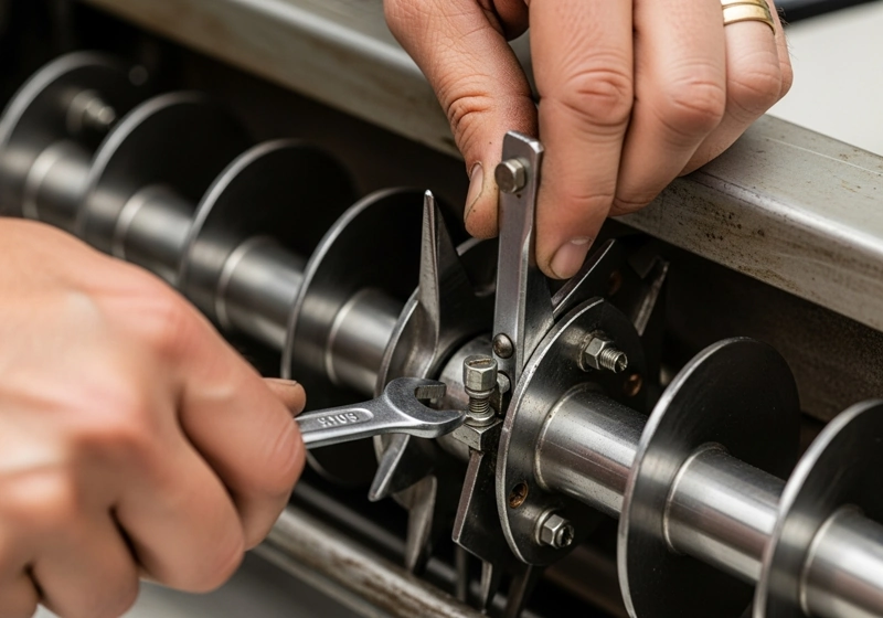 Detailed view of reel mower blade adjustment showing proper alignment between reel and bed knife
