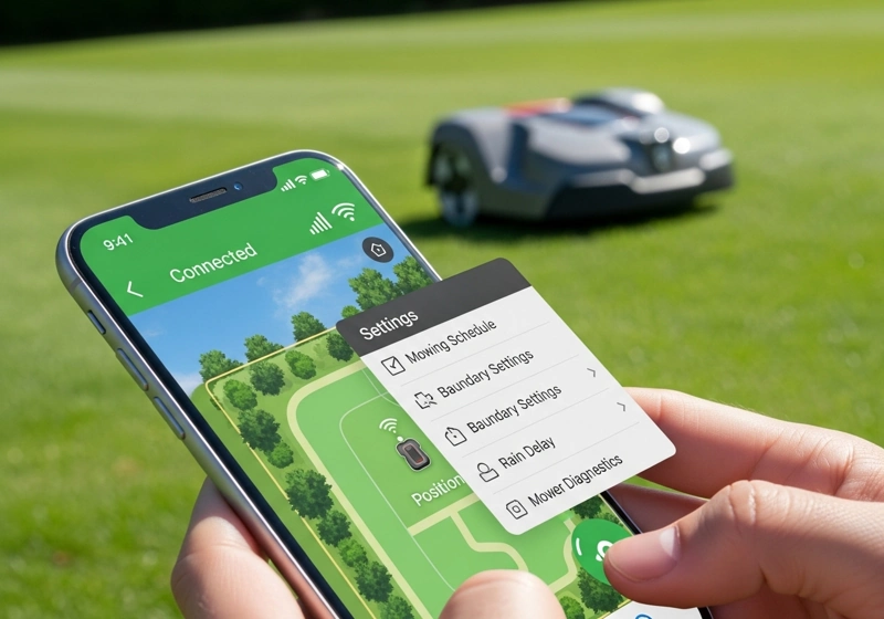 Robotic lawn mower app setup and programming interface on smartphone during first run configuration