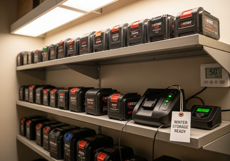 Cordless mower batteries stored indoors with proper charging setup for winter maintenance