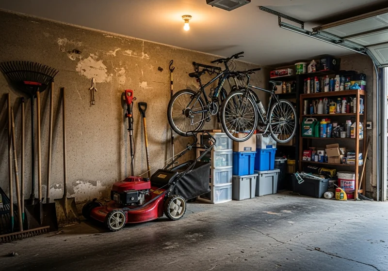 Push mower storage guide showing proper walk behind mower maintenance and garage organization