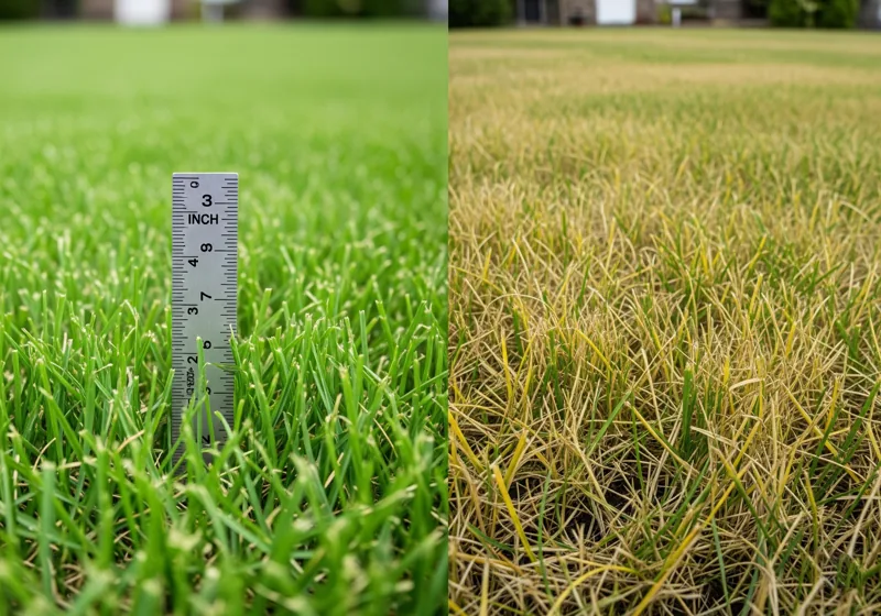 Side-by-side comparison of properly cut grass at 3 inches versus improperly cut grass showing brown damaged tips