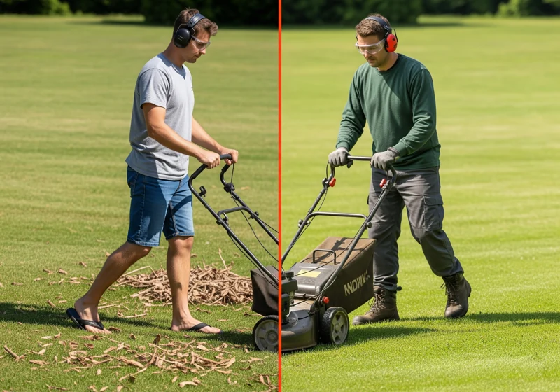 Comparison showing unsafe clothing versus proper protective gear for gas lawn mower operation