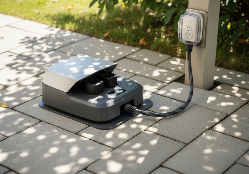 Robotic lawn mower charging station installed on level pavers with power connection to outdoor outlet