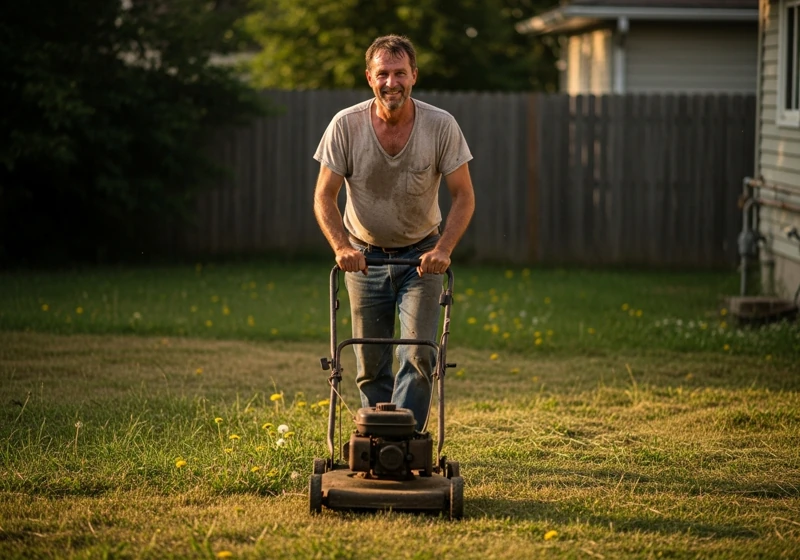 Push mower benefits comparison showing person exercising with walk behind mower vs riding mower