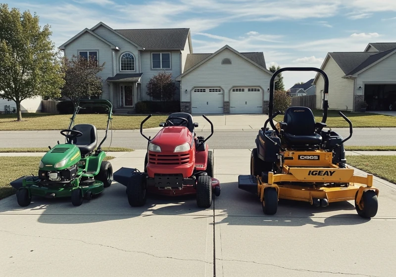 Push mower, riding mower, and zero turn mower showing different engine applications