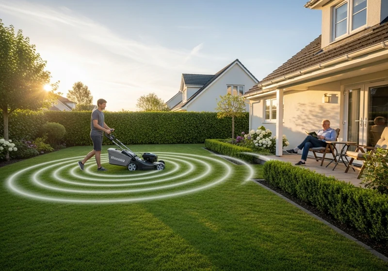 Homeowner using quiet electric lawn mower in suburban neighborhood showing peaceful operation benefits